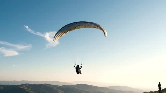 Paraglider Soaring Over Mountainous Landscape at Sunset.
