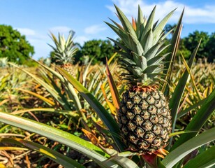 Fototapeta premium Fresh pineapple growing in a sunny tropical field
