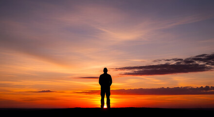 Fototapeta premium Silhouette of a man standing alone in a field against a vibrant