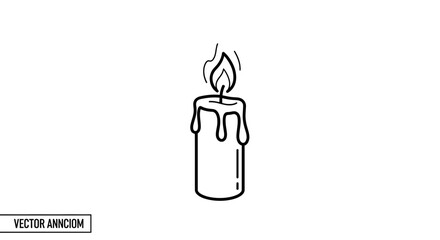 Burning Candle Icon, Simple Line Art, Flame and Dripping Wax, Isolated on White Background
