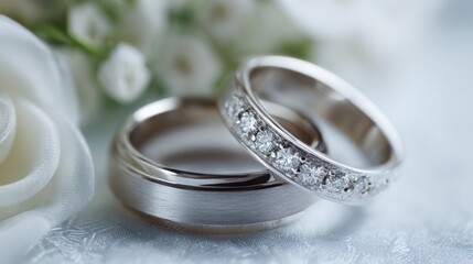 Two wedding rings with diamonds on a white background.