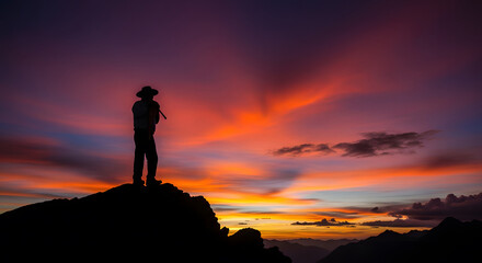 Obraz premium Silhouette of a Musician Playing a Flute on a Mountain Ridge in