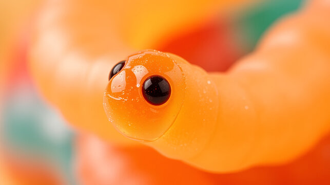 A close-up of a gummy candy worm with a gradient color scheme and a detailed head