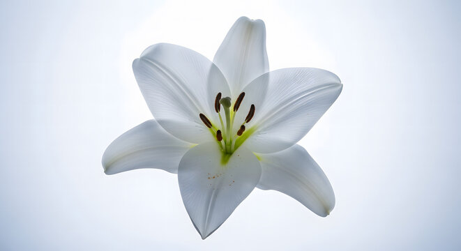 Single white lily flower with visible stamens isolated on a brig