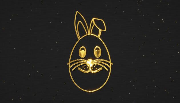 Illustration of a Happy Easter greeting card with a golden Easter egg and rabbit face on a dark background with glitter &ndash; vacation concept.