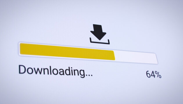 Illustration of the process of downloading file from the Internet on a computer monitor screen. A computer monitor displaying information about the data download in real time.