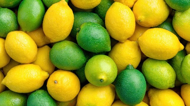A vibrant pile of yellow and green lemons and limes with water droplets on them.