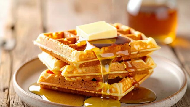 Golden Waffles Stacked with Melting Butter and Pouring Maple Syrup