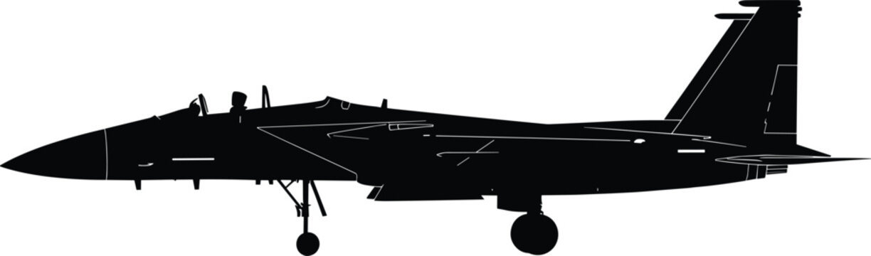 Silhouette of F‑15 Eagle fighter jet side profile with landing gear, black vector artwork symbolizing military aviation, aerospace engineering, defense technology, and aircraft design