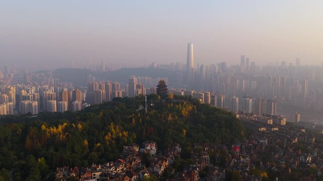Aerial View Of Hongen Pavilion, Downtown Chongqing Skyline During Sunset In China.
