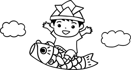 こいのぼりに乗った男の子の線画イラスト