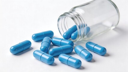 On a white background, blue pills are scattered in a white medicine bottle.