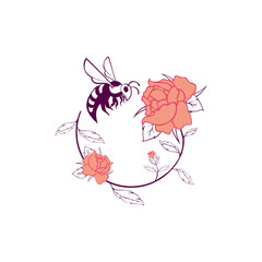 Fototapeta premium Circular Floral Wreath Vector with Honeybee and Pink Roses
