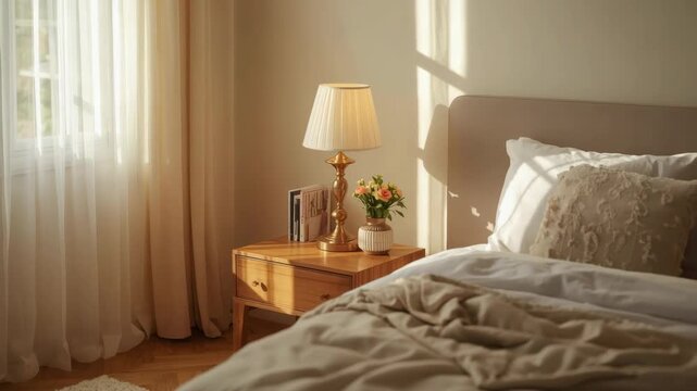 Cozy bedside table lamp flowers morning sunlight sunlit bedside table lamp vase of flowers