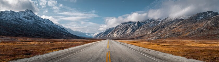 A long road stretches through a barren valley framed by snow-capped mountains under a partly cloudy sky.