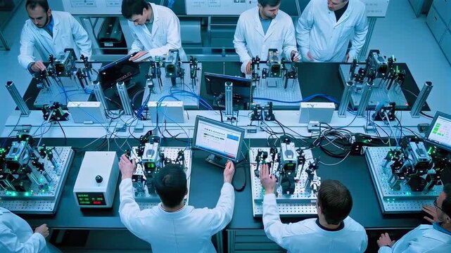Topdown lab bench engineers testing electronics, cleanroom coats and monitors surrounding prototype rigs, precise wiring, pcb inspection and data capture, collaborative diagnostics during validation
