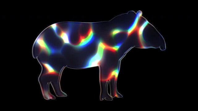 A tapir shimmering with various colored lights on a glass-like surface with an alpha channel. Seamless loop video.