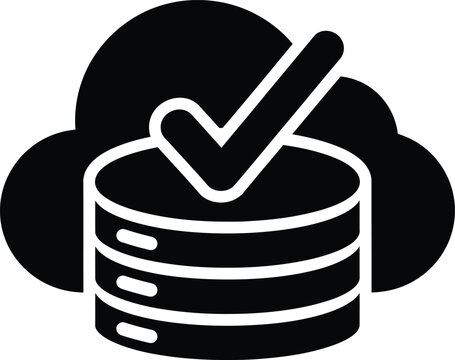 Cloud database with checkmark icon. Black vector symbol for data storage, backup, and security. isolated on Transparent Background