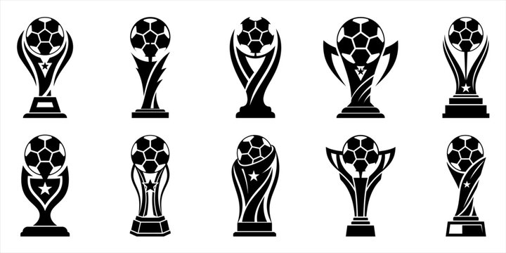 Soccer trophy silhouette collection with champion award cup vector illustration set. Football championship trophy cup silhouette. Soccer winner trophy silhouette set. Sports championship winner cup.