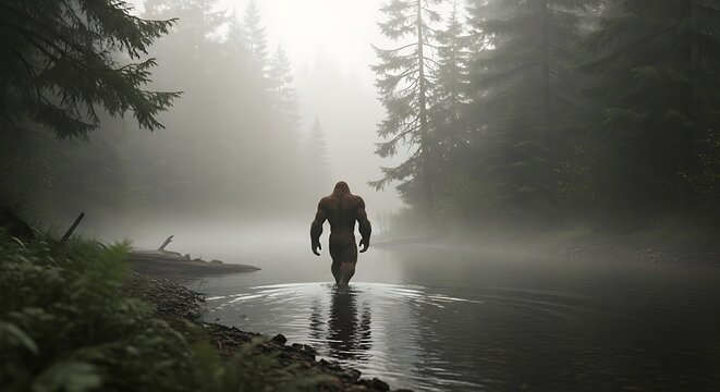 Mysterious creature walks through misty water in a dense forest environment