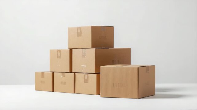 Stacked cardboard box stack parcel packaging shipping white table and floor with soft warm light