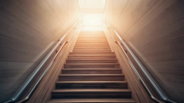 Warm wooden staircase stair steps handrail railing inviting ascent toward glowing light