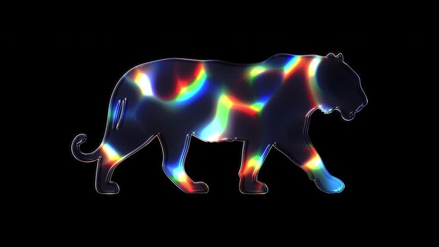 A tiger shimmering with various colored lights on a glass-like surface with an alpha channel. Seamless loop video.