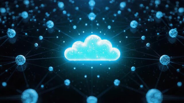 Glowing cloud network hub with blue data connection server storage nodes and digital links