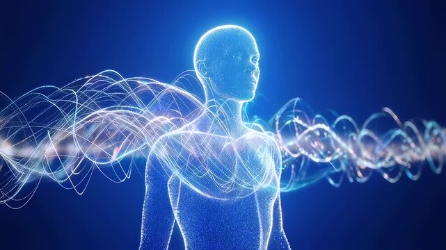 Wireframe representation of biosignals over anatomical medical imagery, Digital depiction of flowing frequency bands and clinical biosignal visualizations for healthcare environments