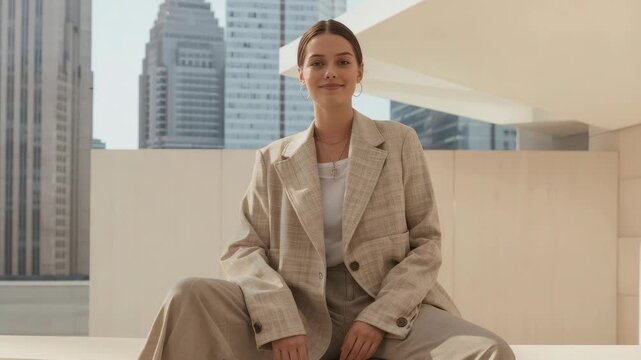 Young woman beige suit and neutral blazer trousers rooftop with city skyline meditative confident
