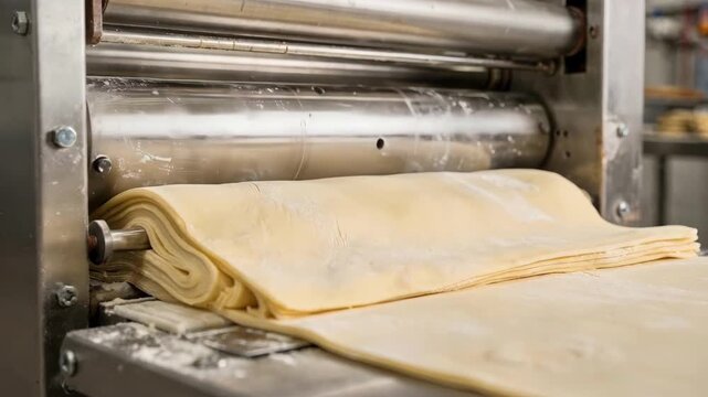Closeup medium shot of automated pastry dough laminator ensuring perfect layers of fat and dough for light and airy puff pastry sheets.