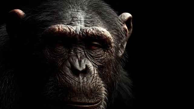 A close-up portrait of a primate, partially lit with dark fur and skin textures against a black backdrop