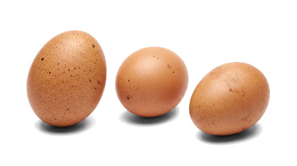 three brown chicken eggs are presented on a pure transparent background, highlighting their textured shells and natural speckles for a striking visual contrast.