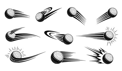 A set of golf balls in motion with dynamic lines and speed effects in a black and white vector illustration © Abirex