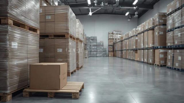 Spacious warehouse aisle with stacked cardboard pallet box shelving and organized inventory