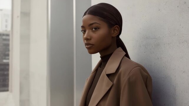 Young woman portrait profile with sleek ponytail brown coat against concrete wall, contemplative