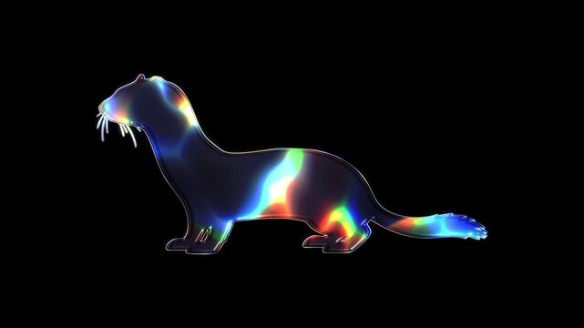 A weasel shimmering with various colored lights on a glass-like surface with an alpha channel. Seamless loop video.