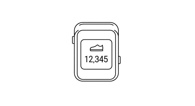 Smartwatch displays 12345 steps, fitness tracking icon, minimalist line art