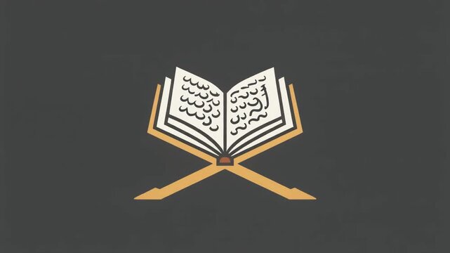 Stylized depiction of an open holy Quran resting on a traditional rehal reading stand. Islamic spiritual symbol for faith and learning.