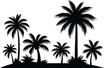 Palm tree silhouette illustration, tropical beach icon, island nature graphic, coastal landscape design element, black outline vector, summer vacation artwork