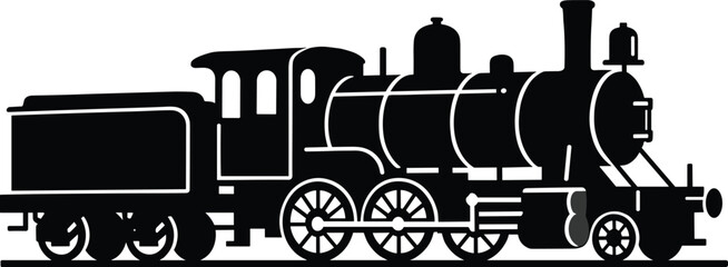 Vintage steam locomotive silhouette illustration, railway train artwork, industrial era vector design, transport graphic icon, black white historical symbol © Sree