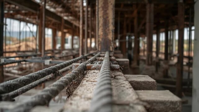 Rusted rebar closeup wooden formwork abandoned construction site gritty industrial structure with