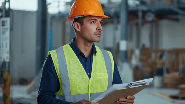 Construction inspector hard hat safety vest clipboard inspecting site focused calm supervisor