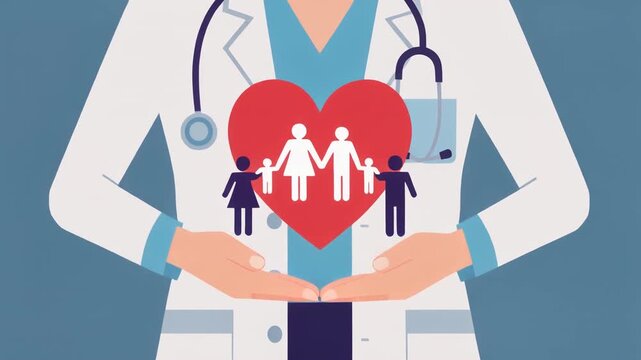 Healthcare professional in white coat with stethoscope gently holding a red heart containing a family illustration symbolizing medical protection and wellness