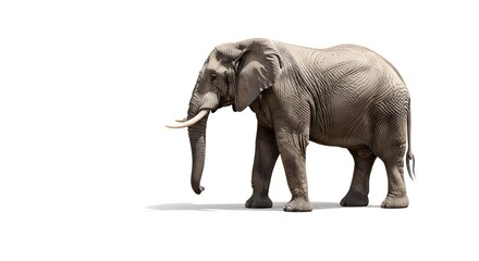 An African elephant with tusks is captured in a studio setting against a white background, showcasing its majestic presence