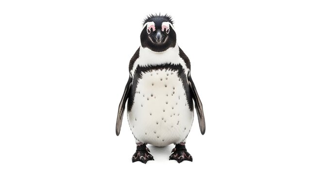 A charming portrait of a penguin standing front-on against a white background, showcasing its distinctive markings and endearing posture