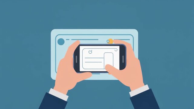 Illustration of human hands holding a smartphone to capture a bank check for mobile remote deposit financial transaction a convenient digital banking solution