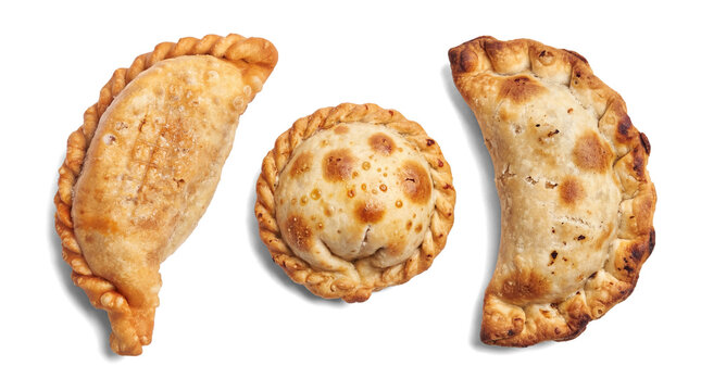 Assorted fried empanadas isolated on white background &ndash; crispy golden brown stuffed pastry turnovers, traditional Latin street food snack