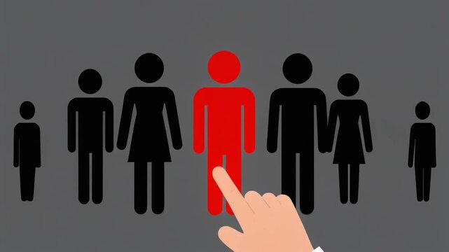 Hand points to a distinct red male pictogram among black figures representing selection recruitment individuality uniqueness and finding the right talent
