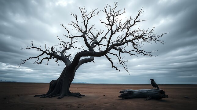A barren tree stands alone in a desolate landscape under a stormy sky with a crow perched on a log
